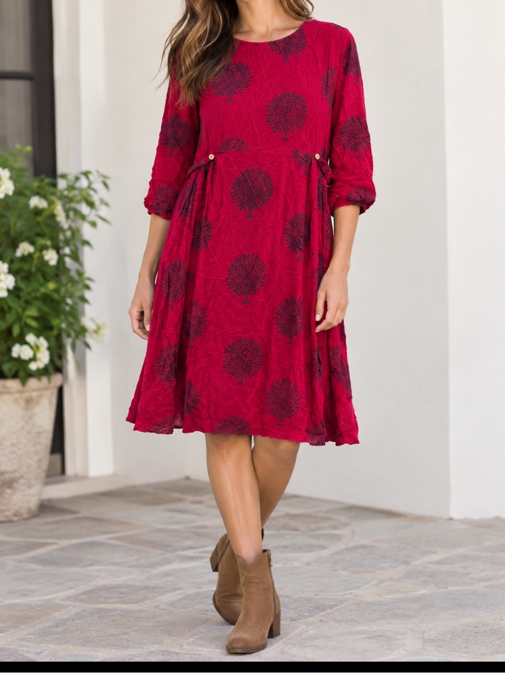SASSAFRAS 3/4 Sleeve Novelty Print Midi Swing Dress Red XL